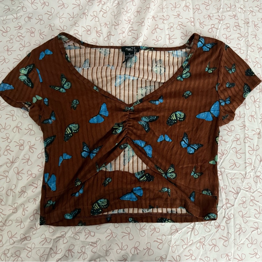 Rue21 Brown Butterfly Print Twist-Front Crop Top